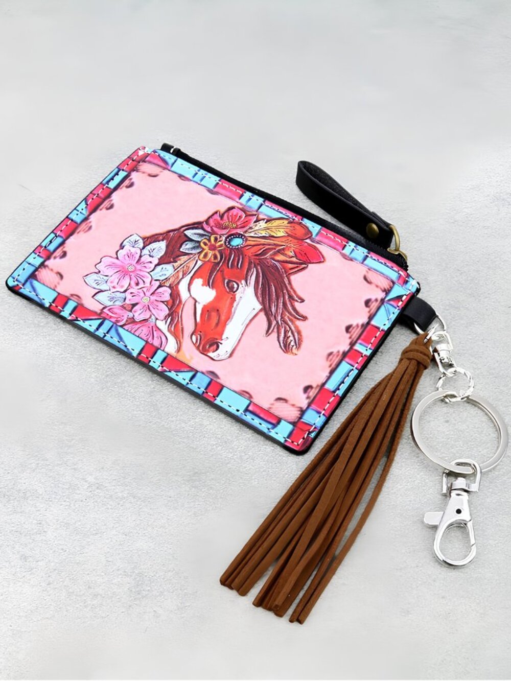 New Pink Cowgirl Boho Western Horse Head Leather Cardholder Zip Wallet